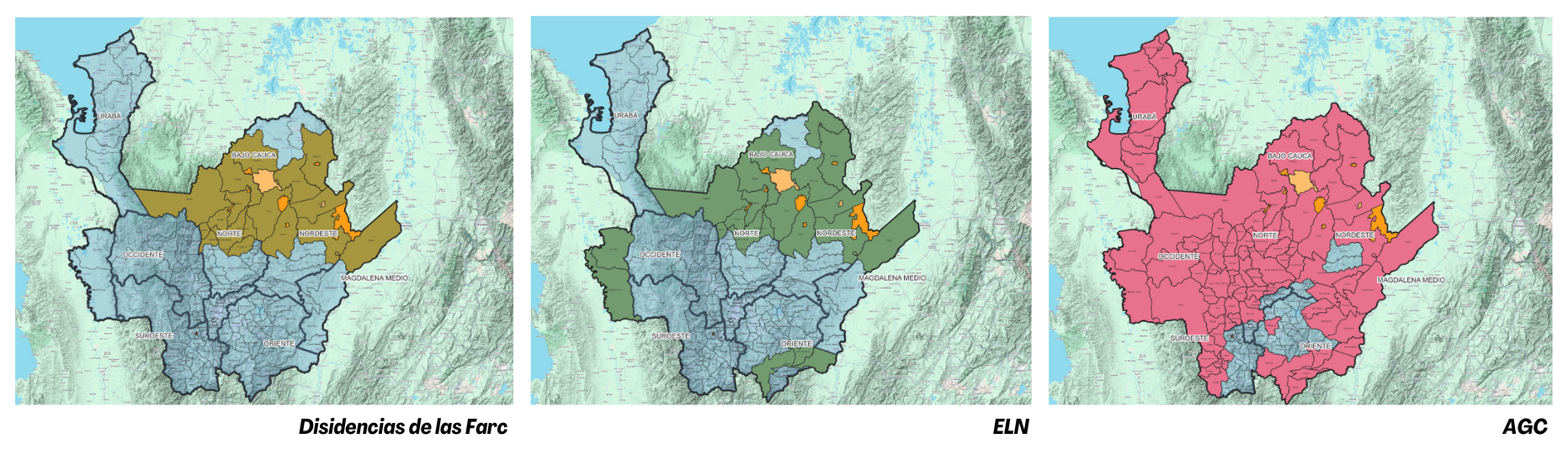 Presencia de actores armados ilegales en Antioquia. Fuente: Observatorio de DDHH y Paz del IPC